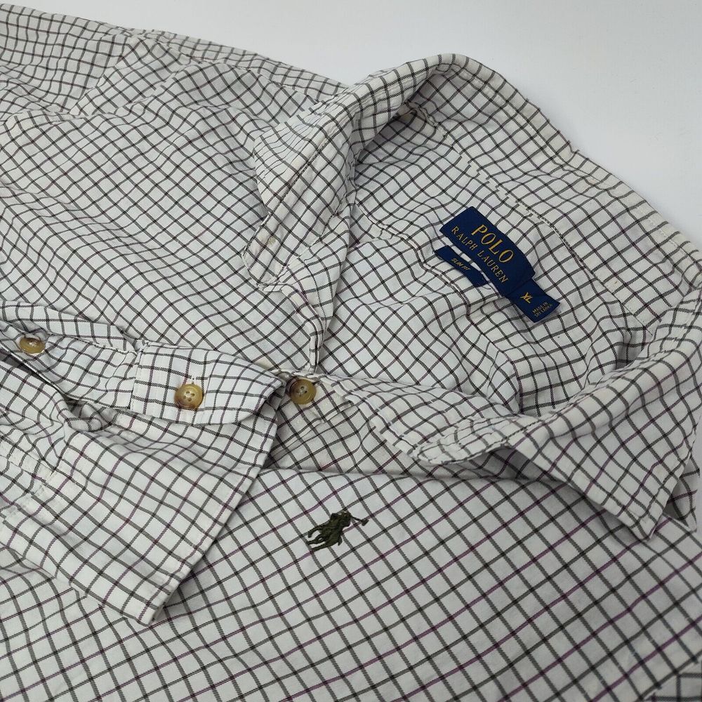 Polo Ralph Lauren Shirt Mens XL White Checkered Slim Fit Button Up Long Sleeve‎